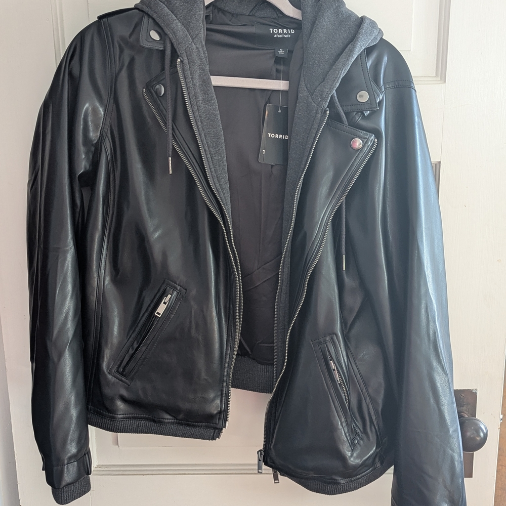 Torrid Black Leather Jacket with Gray Hoodie